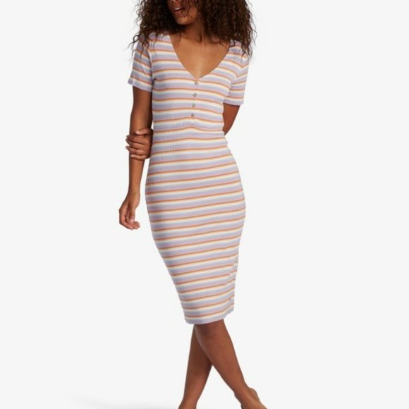 Roxy Bodycon Midi Dress Pink and White V-Neck - Picture 1 of 14